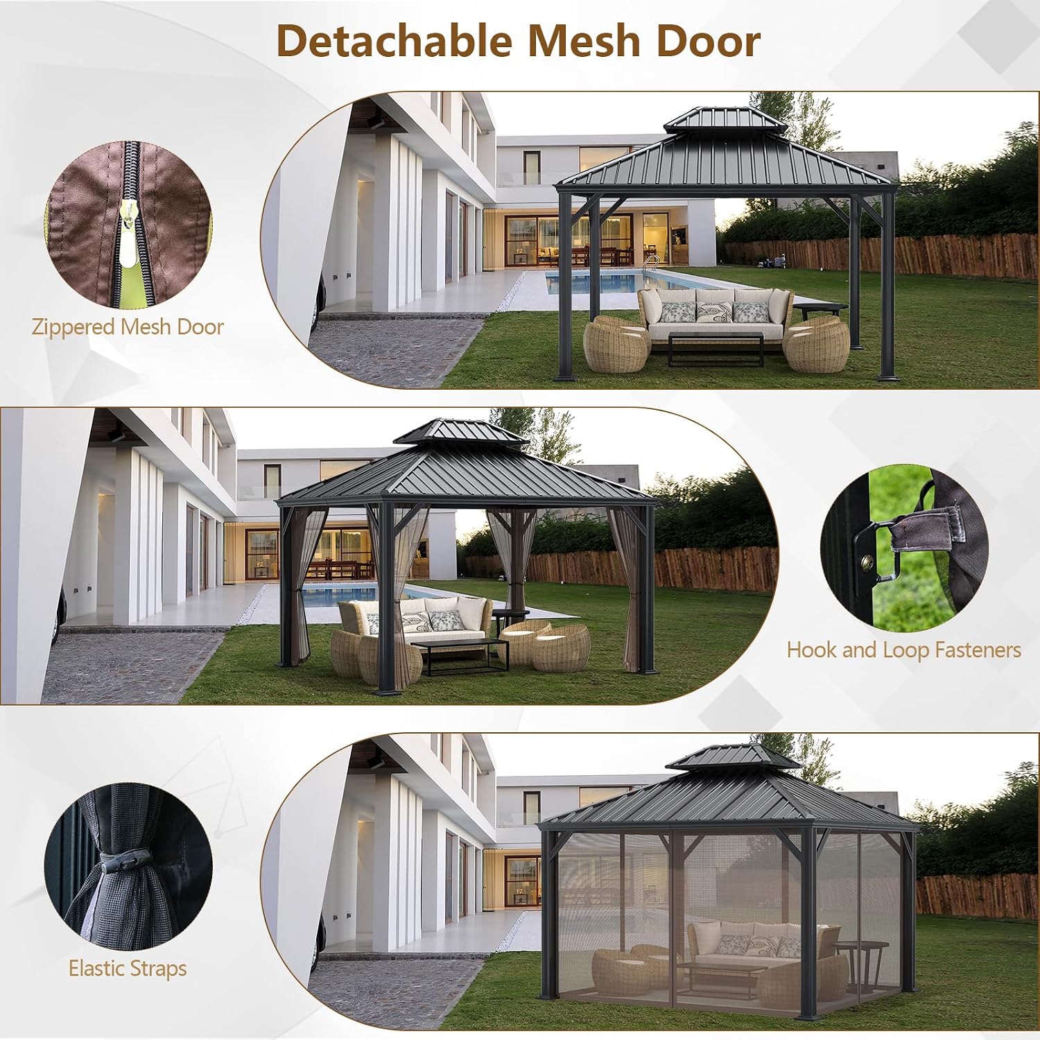 Tangkula 12ft x 10ft Hardtop Gazebo, 2-Tier Outdoor Gazebo w/Double Vented Roof & Central Hook, Galvanized Steel Frame Patio Sun Shelter for Lawn Backyard Poolside Deck (Brown)