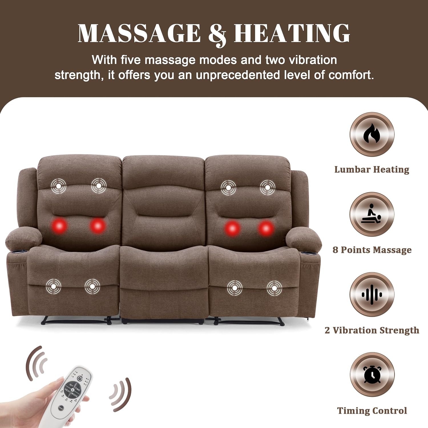 Oversized Recliner Sofa with Massage and Heat, Large Big 3-Seater RV Recliner Couch Sofa for Living Room, Wall-Hugger Reclining Sofa with Cup Holders and USB Port (Fabric, Brown)
