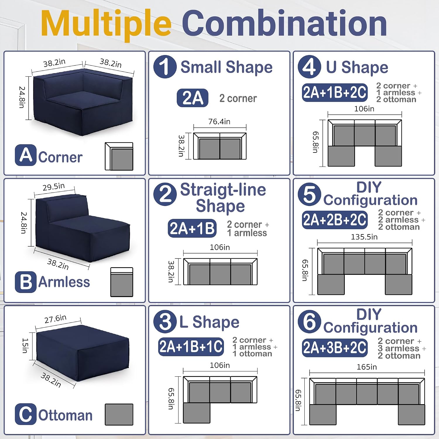 38' Modular Sectional Sofa Convertible Cube Couch Seat Set, Combine L-Shaped U-Shaped, Free Assembly, Space-Saving for Living Room, Thick Foam Fabric Chenille Blue (Only Armless)