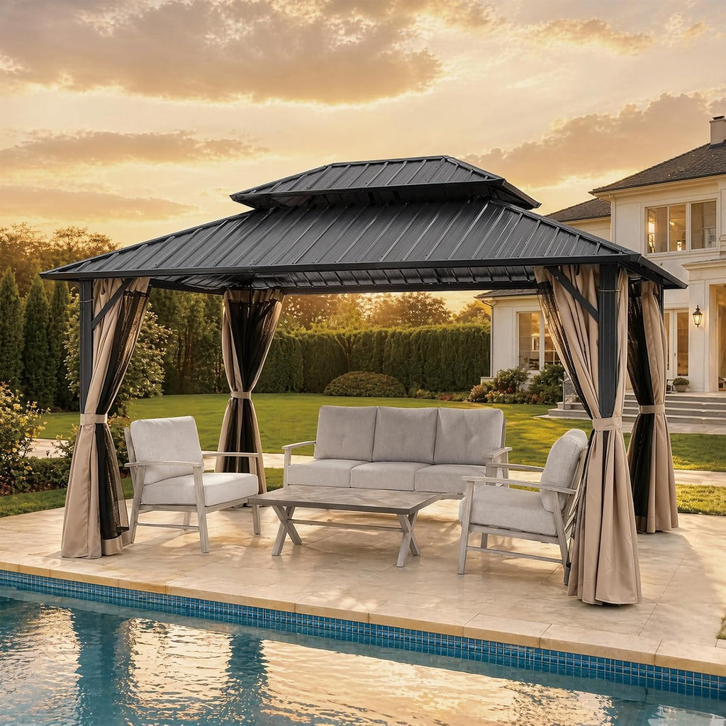 10' x 12' Hardtop Gazebo, Aluminum Frame Outdoor Patio Gazebo with Netting and Curtains, Outdoor Hardtop Gazebos, Patio Pergolas with Double Metal Roofs for Backyard, Patio, Deck, Sandstone