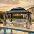 10' x 12' Hardtop Gazebo, Aluminum Frame Outdoor Patio Gazebo with Netting and Curtains, Outdoor Hardtop Gazebos, Patio Pergolas with Double Metal Roofs for Backyard, Patio, Deck, Sandstone