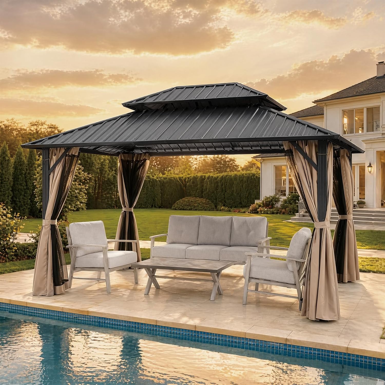 10' x 12' Hardtop Gazebo, Aluminum Frame Outdoor Patio Gazebo with Netting and Curtains, Outdoor Hardtop Gazebos, Patio Pergolas with Double Metal Roofs for Backyard, Patio, Deck, Sandstone