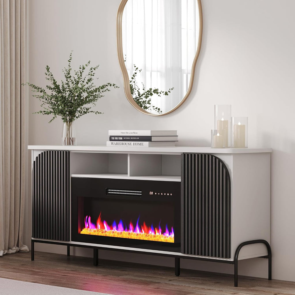 BELLEZE 68' Fluted TV Stand with 36' Electric Fireplace, Modern Entertainment Center with Storage for TVs Up to 75', Media Console with Curved Panel & Door,TV Cabinet for Living Room Bedroom (White)