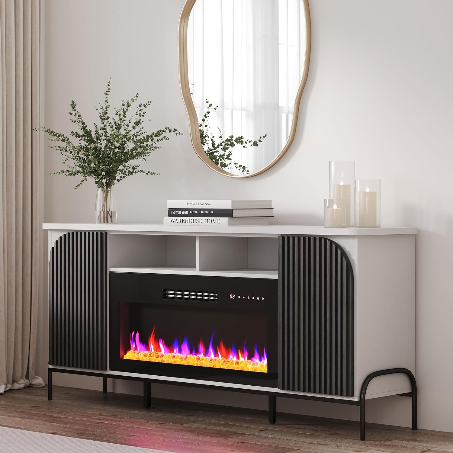 BELLEZE 68' Fluted TV Stand with 36' Electric Fireplace, Modern Entertainment Center with Storage for TVs Up to 75', Media Console with Curved Panel & Door,TV Cabinet for Living Room Bedroom (White)