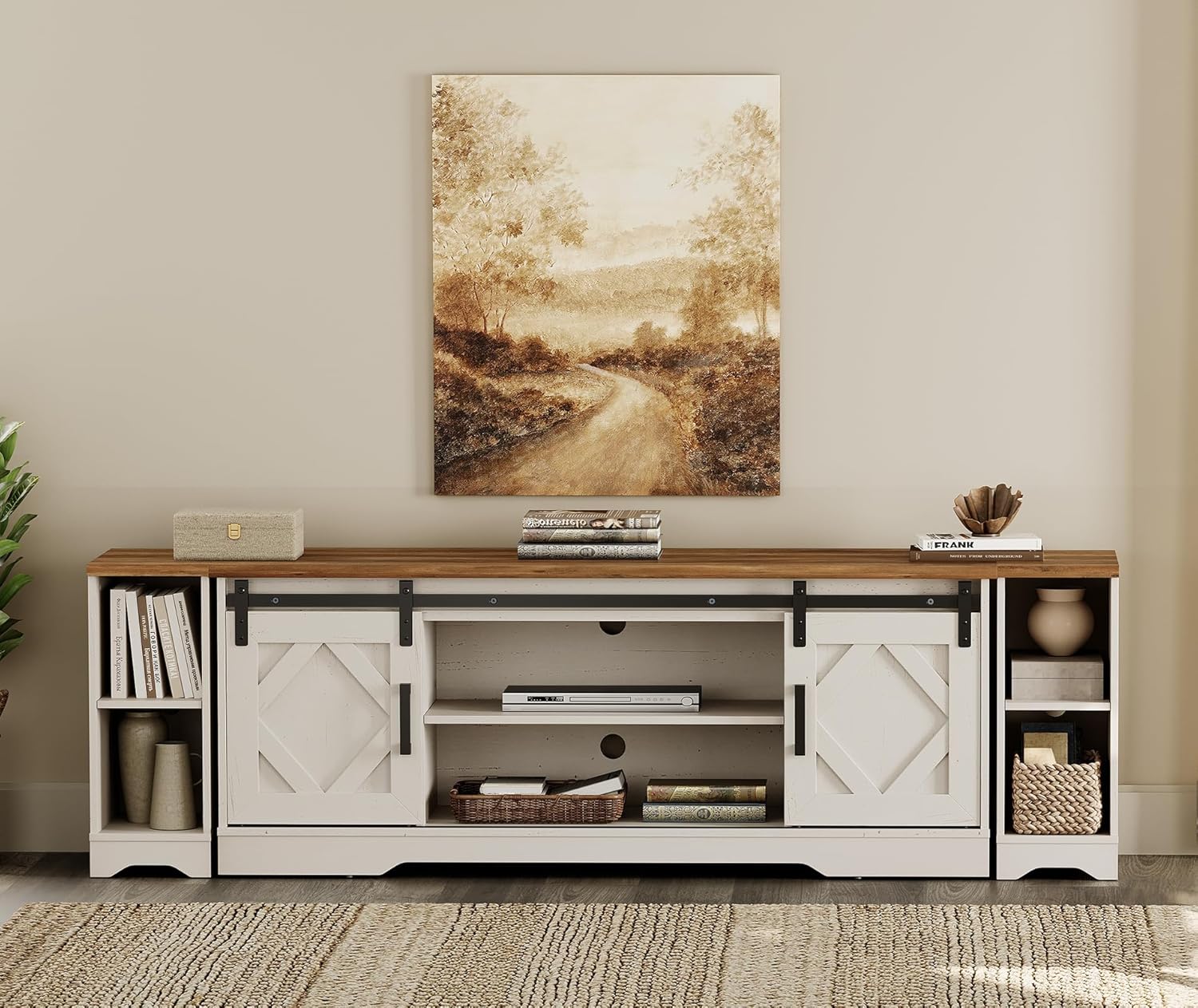 WAMPAT 3-in-1 Modern FarmhouseTV Stand for up to 85' TV, 23.6' H Wood Entertainment Center with Sliding Barn Door and Adjustable Media Storage Shelf for Living Room, Antique White