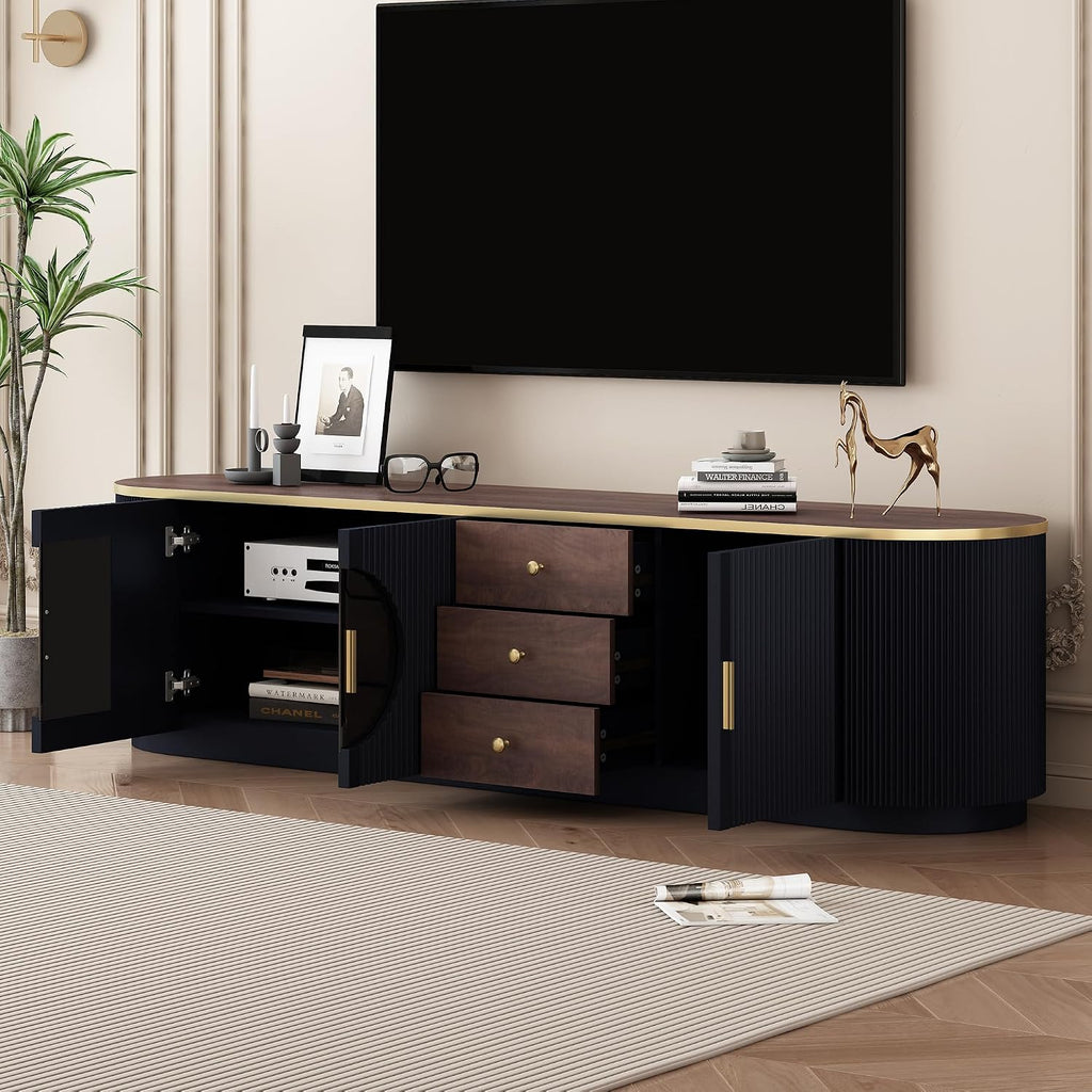 Merax 70.8'' Modern Minimalist TV Stand for TVs up to 80 Inches, Entertainment Center with 3 Drawers and 1 Shelf, Metal Handles and 2 Cabinets for Living Room,Black