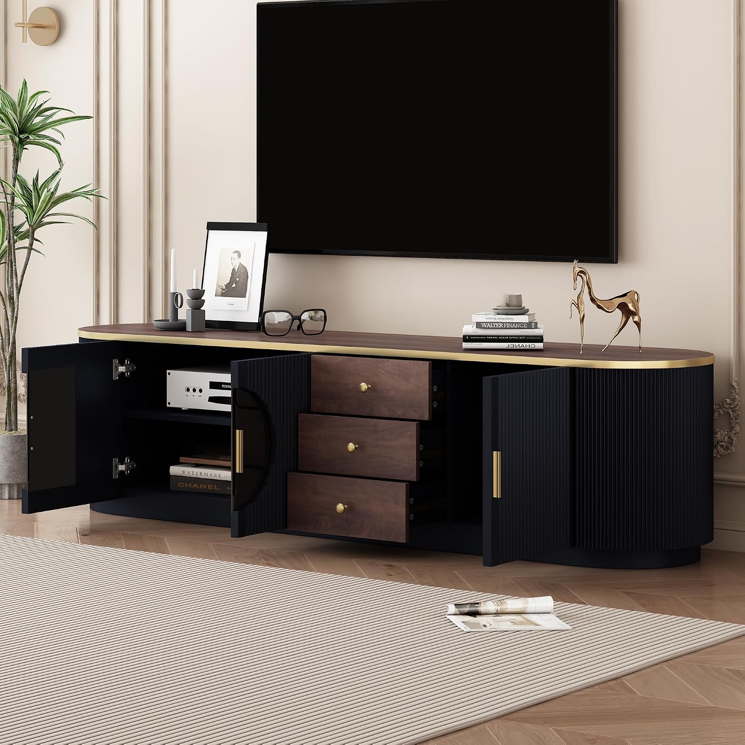 Merax 70.8'' Modern Minimalist TV Stand for TVs up to 80 Inches, Entertainment Center with 3 Drawers and 1 Shelf, Metal Handles and 2 Cabinets for Living Room,Black