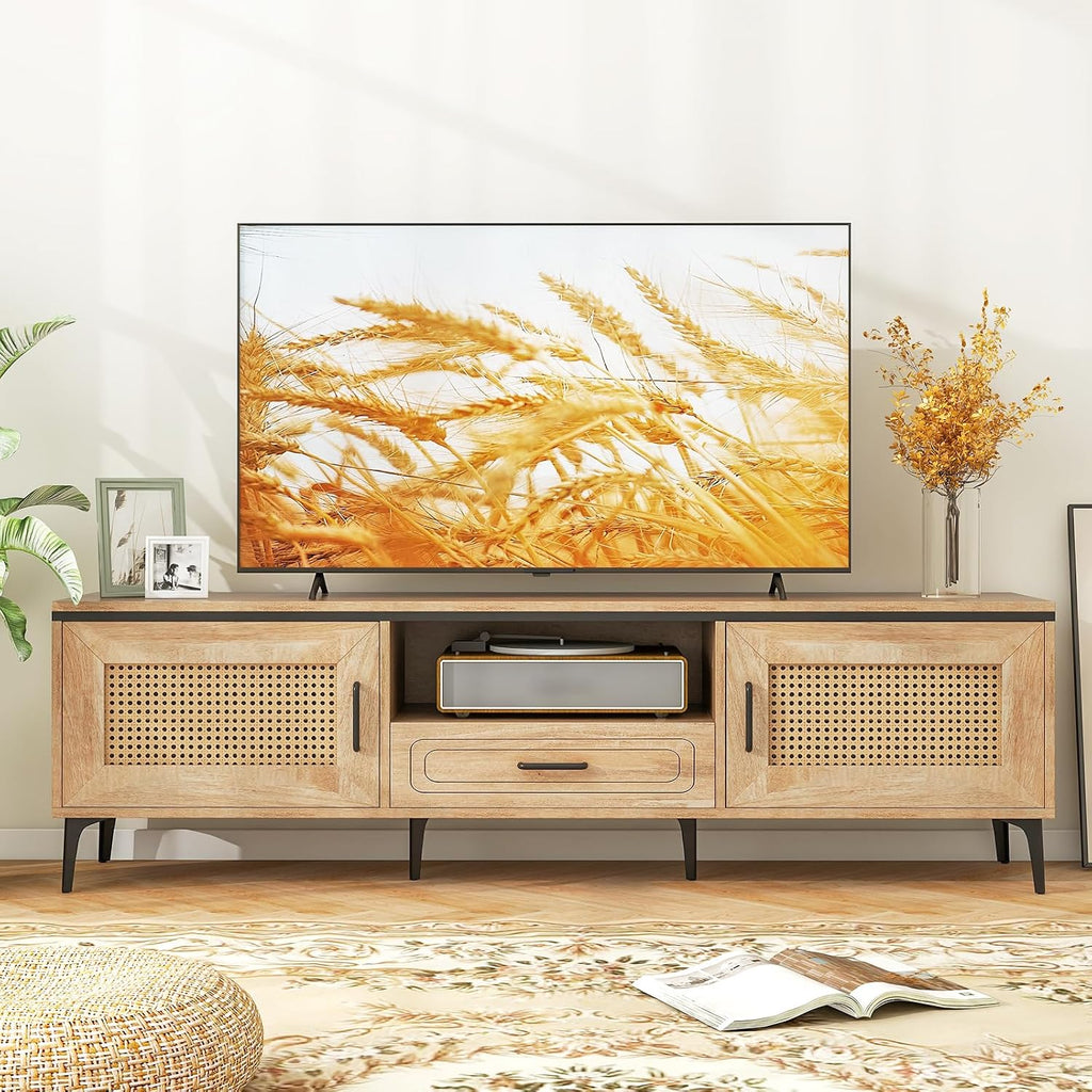 Tangkula Boho TV Stand for 65 Inch TVs, Mid Century Modern Media Entertainment Center with Drawer, 2 Cabinets with Rattan Doors, Metal Legs, Cable Hole, TV Console Table for Living Room (Oak)