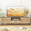 Tangkula Boho TV Stand for 65 Inch TVs, Mid Century Modern Media Entertainment Center with Drawer, 2 Cabinets with Rattan Doors, Metal Legs, Cable Hole, TV Console Table for Living Room (Oak)