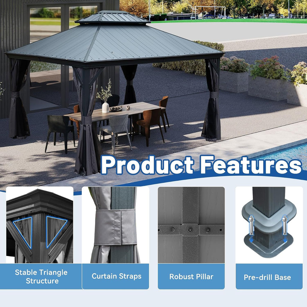 Outdoor Hardtop Gazebo for Patio 10x12FT with Resin-Galvanized Steel Roof, Metal Hard Top Gazebo with Gutters, Heavy Duty Gazebos All Season with Curtains & Netting, for Deck, Backyard, Hot Tub
