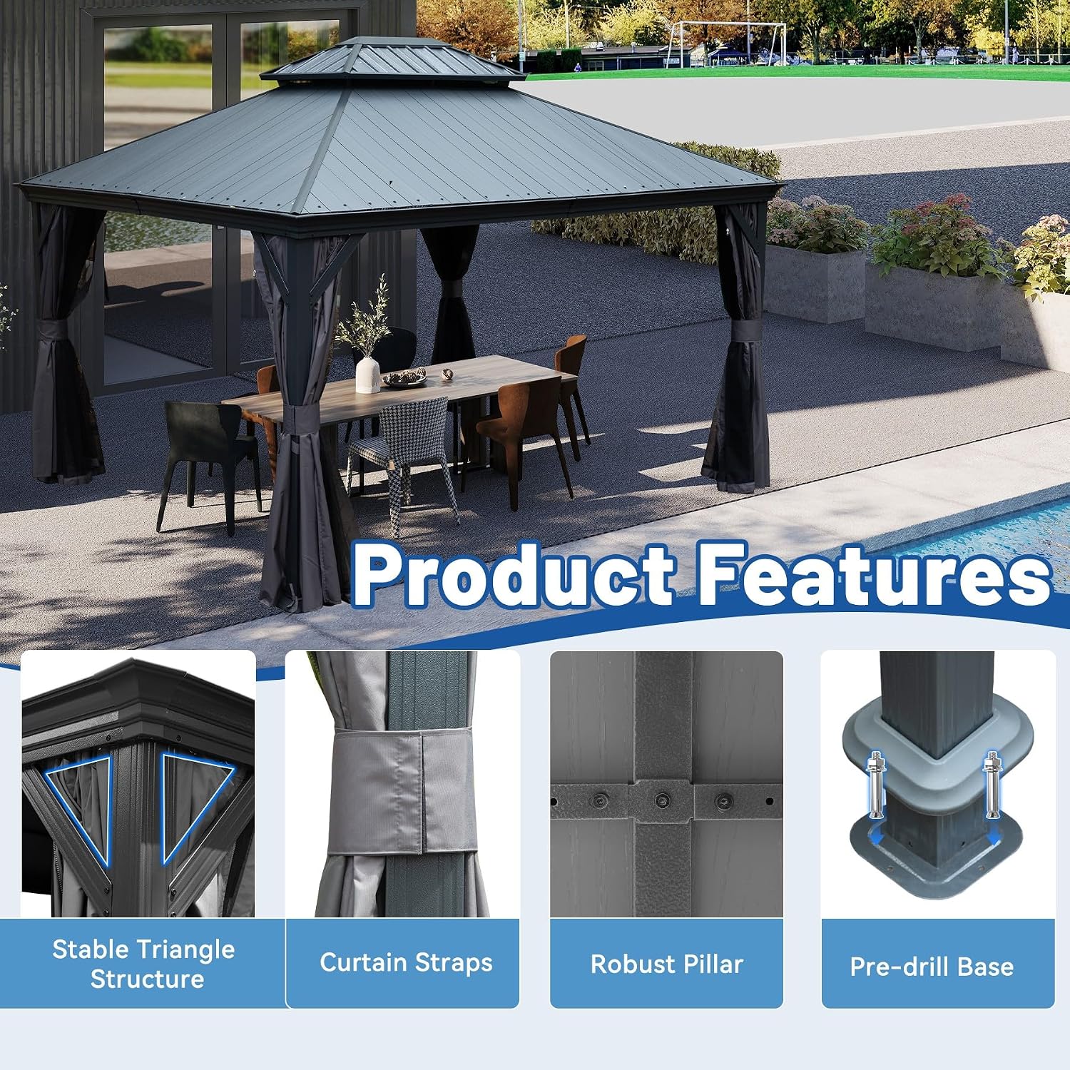 Outdoor Hardtop Gazebo for Patio 10x12FT with Resin-Galvanized Steel Roof, Metal Hard Top Gazebo with Gutters, Heavy Duty Gazebos All Season with Curtains & Netting, for Deck, Backyard, Hot Tub