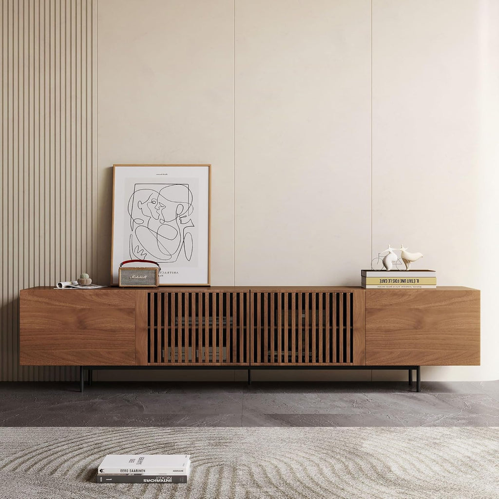 Mid Century Modern TV Stand for 80+ Inch TVs, 94.48' Walnut Console with Ample Storage – Stylish Entertainment Center for Living Room or Bedroom