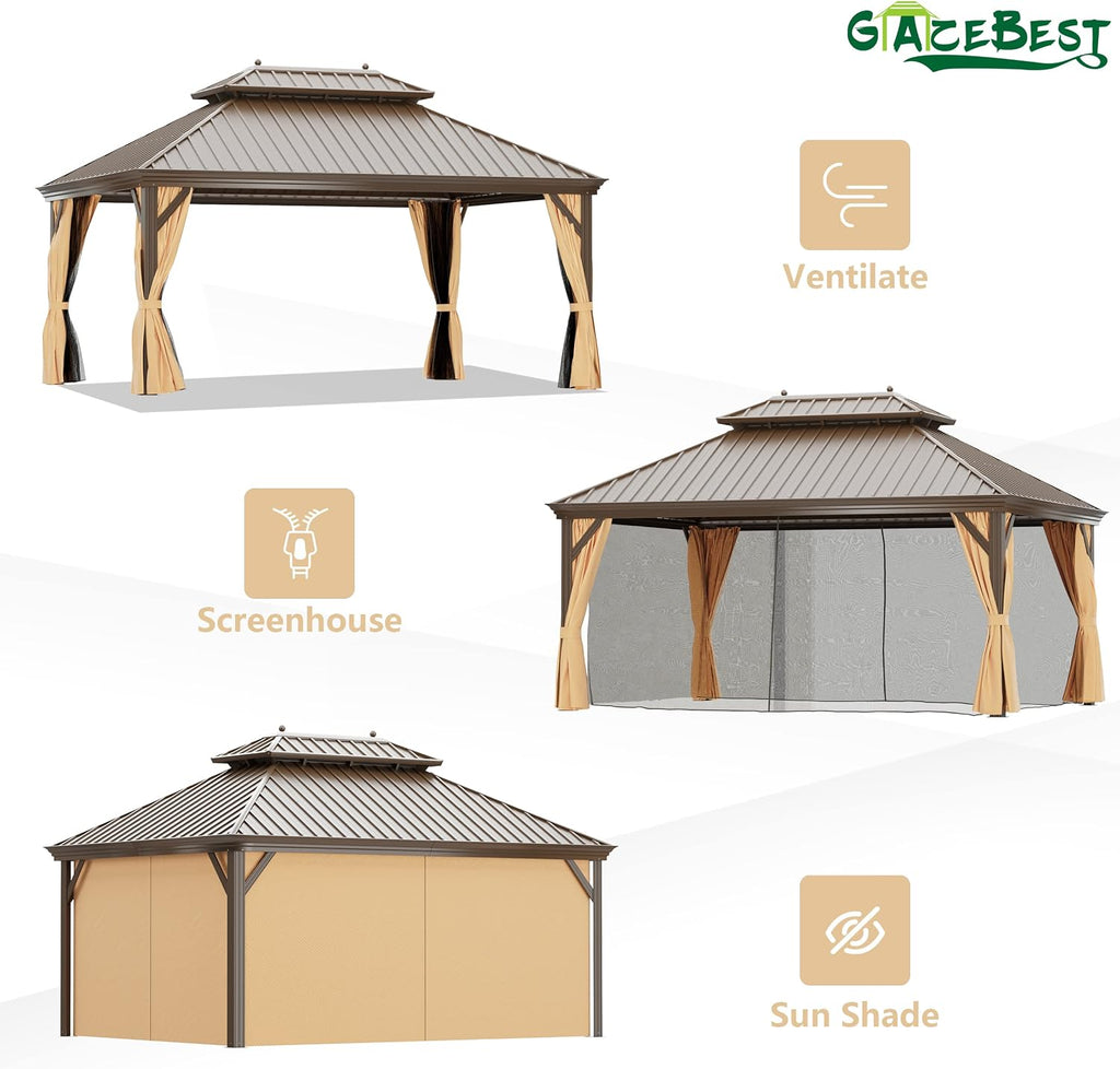 12'x16' Hardtop Gazebo Outdoor Aluminum Patio Double Roof Galvanized Steel Canopy with Netting and Curtains for Garden, Backyard, Deck and Lawns.