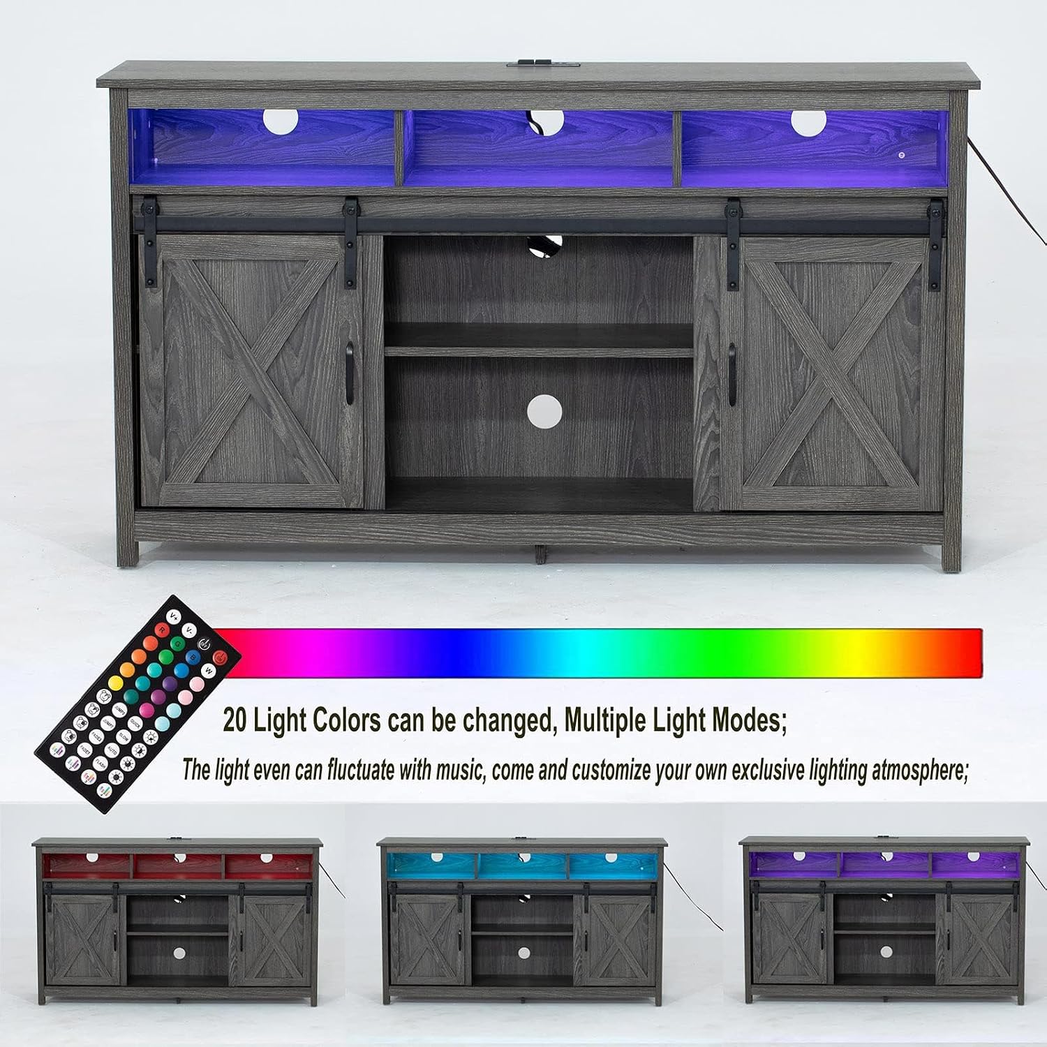 Vinctik 6&Fox 57In Wooden Farmhouse Entertainment Center for 60/65 inch TV,Double Layer Storage Farmhouse TV Stand,Double-Row Sockets with Wood Sliding Barn Door TV Stand(Double Layer Grey Wash)