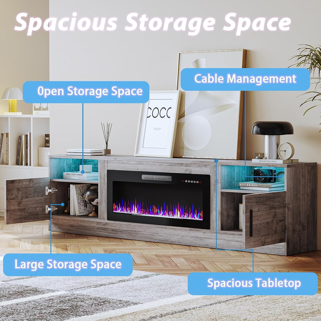 TAVATA Fireplace TV Stand, 80 inch TV Stands for Living Room with 36' Fireplace, Modern Entertainment Center with LED Light for TVs Up to 90', Media Console with Highlight Storage Cabinets (Grey)