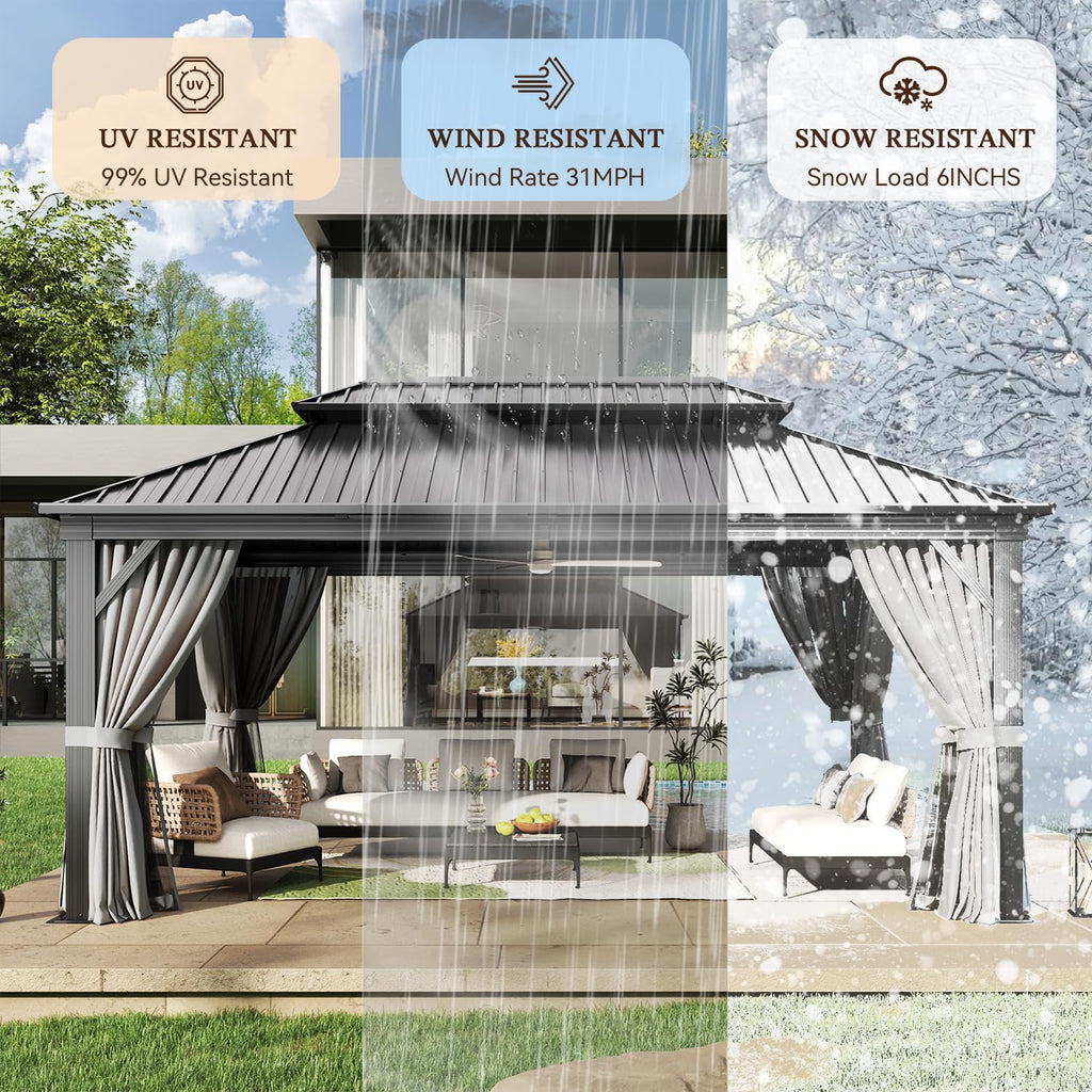 12' X 16' Hardtop Gazebo with Mosquito Netting and Curtains, Outdoor Gazebos with Double Roof, Galvanized Steel Permanent Aluminum Gazebo, for Gardens, Decks, Patios, Parties