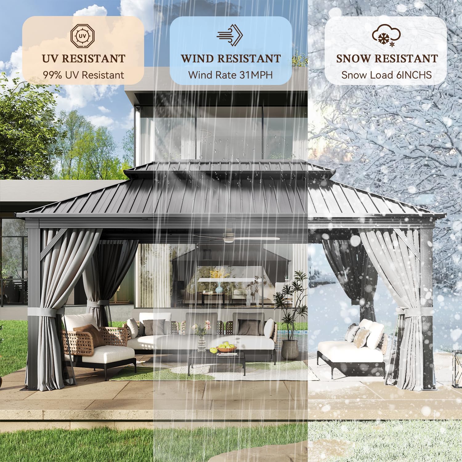 12' X 16' Hardtop Gazebo with Mosquito Netting and Curtains, Outdoor Gazebos with Double Roof, Galvanized Steel Permanent Aluminum Gazebo, for Gardens, Decks, Patios, Parties