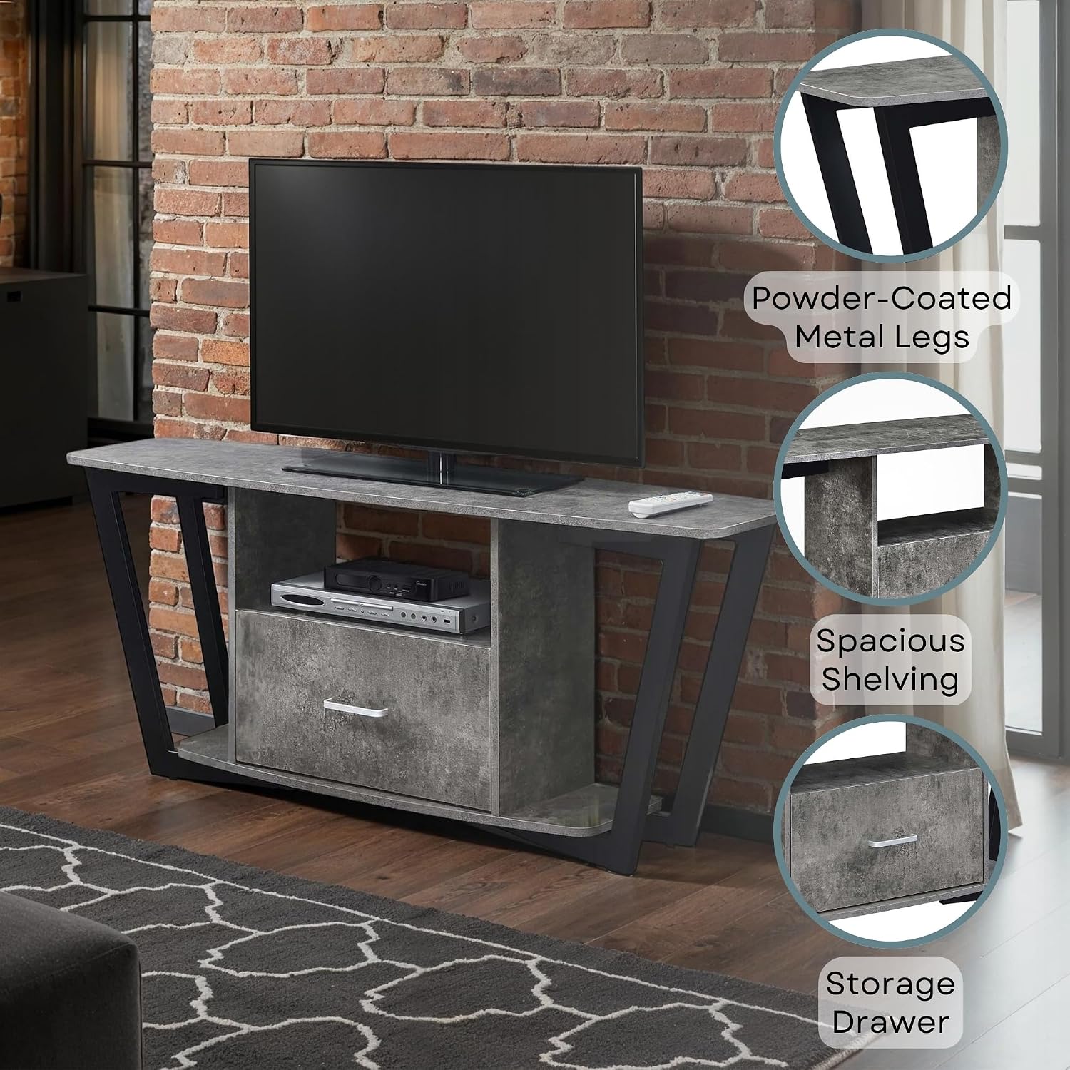 Convenience Concepts Graystone TV Stand 59.25' - Modern Entertainment Center for TVs up to 65', Industrial Media Console with Storage Drawer & Shelves for Living & Family Room, Cement/Black