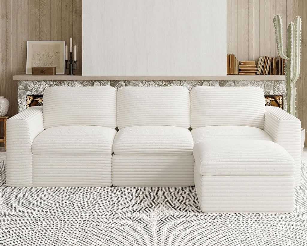 Plush Corduroy Cloud Sectional Couches for Living Room Boneless Modular Sectional Sofa Convertible 3-Seater L Shaped Couch with Ottoman. White Sofa.