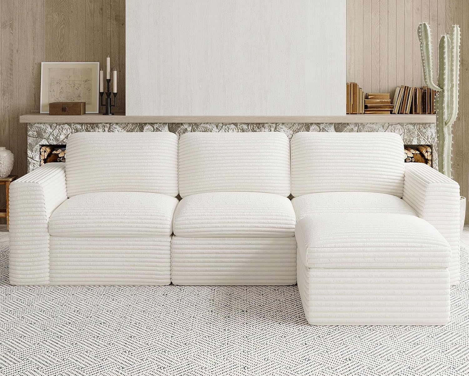 Plush Corduroy Cloud Sectional Couches for Living Room Boneless Modular Sectional Sofa Convertible 3-Seater L Shaped Couch with Ottoman. White Sofa.