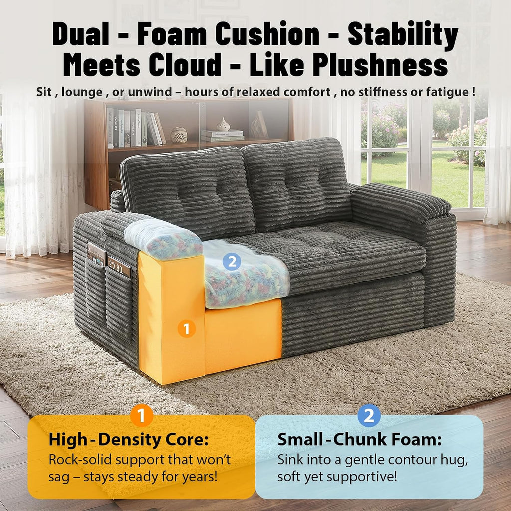 Boneless Loveseat Sofa, 58in Boneless Cloud Couch for Living Room 2 Seater Modern Lounge Sleeper Couch with Removable Cover Corduroy Sofa with Armrest, Dark Grey