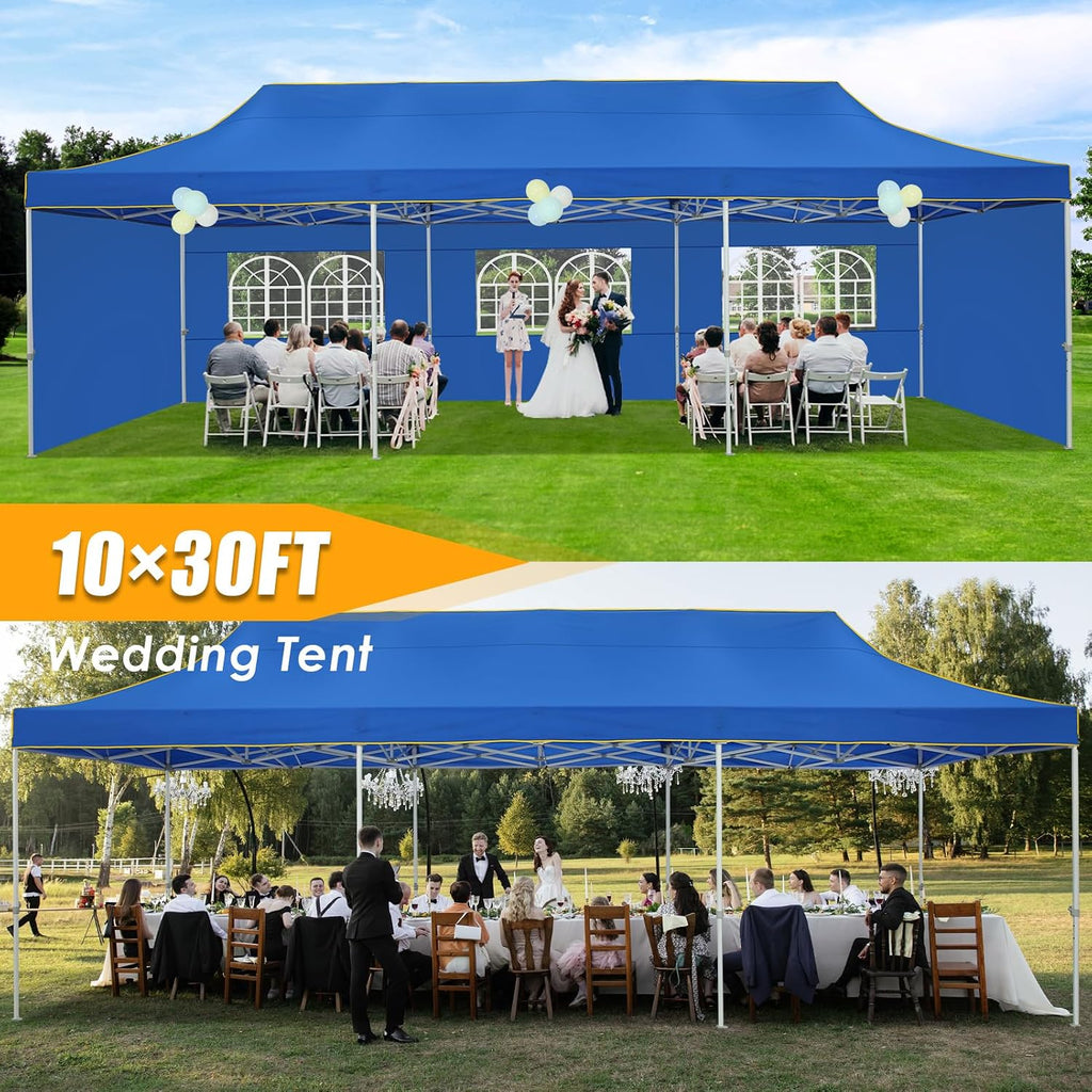 HOTEEL 10x30 Heavy Duty Pop Up Canopy Tent with 5 Sidewalls&Wheeled Bag, Commercial Event Party Tent Wedding Instant Canopy Waterproof, Upgraded Thicked Hexagonal Legs, UV 50+, Blue