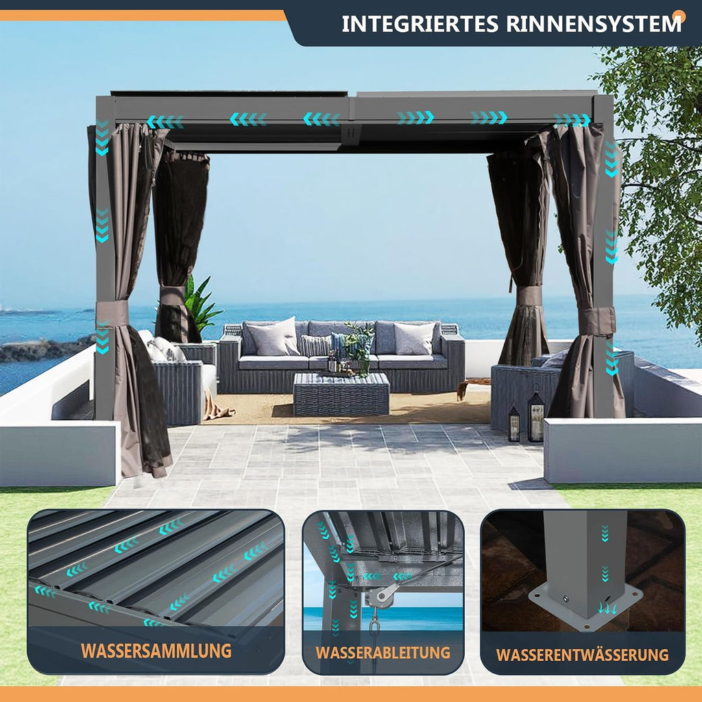 Domi 10'x10' Aluminum Louvered Pergola Outdoor Pergola with Adjustable Roof Sun Shade Gazebo with Gutter System for Backyard Garden Deck (Dark Grey)