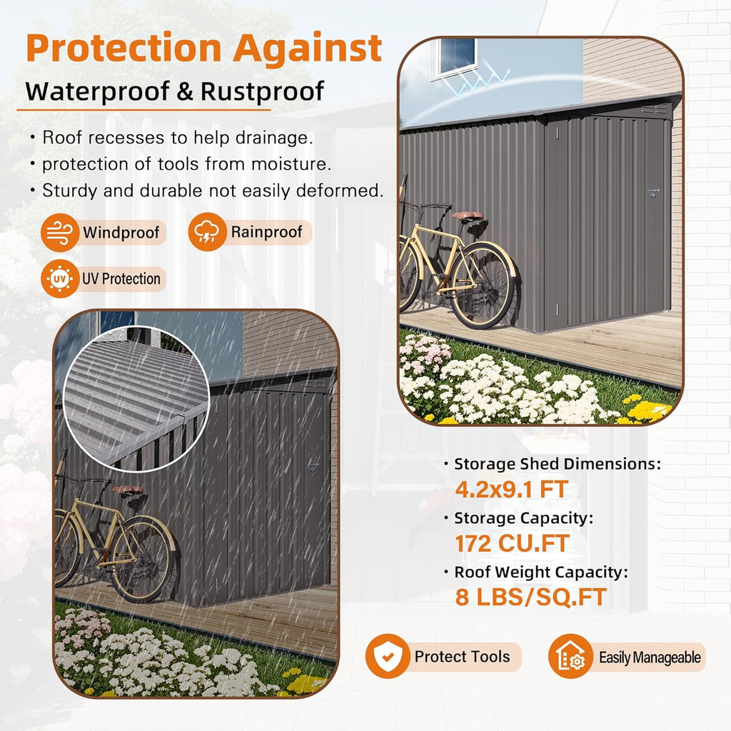 4 x 9 FT Tool Outdoor Storage Shed, Metal Storage Shed for Backyard Patio Garden,Sloped Roof Corner Fit, Side Swing Door, 2 Vents,Waterproof Backyard Garden Storage for Tools, Bikes, Sundries