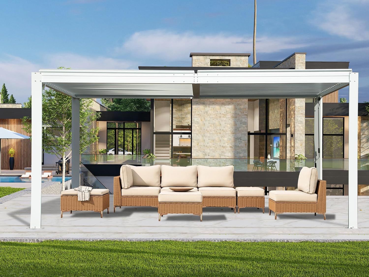 Domi Outdoor Pergola 10' x 16' Aluminum Louvered Pergola with Adjustable Roof, Aluminum Frame, Efficient Drainage System for Patio, Deck, Garden, White