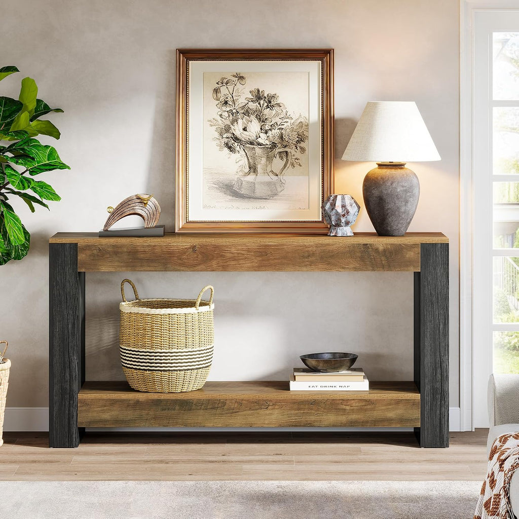Tribesigns 63-Inch Long Console Table for Entryway, Farmhouse Wood Sofa Table Behind Couch for Living Room, Hallway, Entrance, Foyer, Rustic Brown & Black