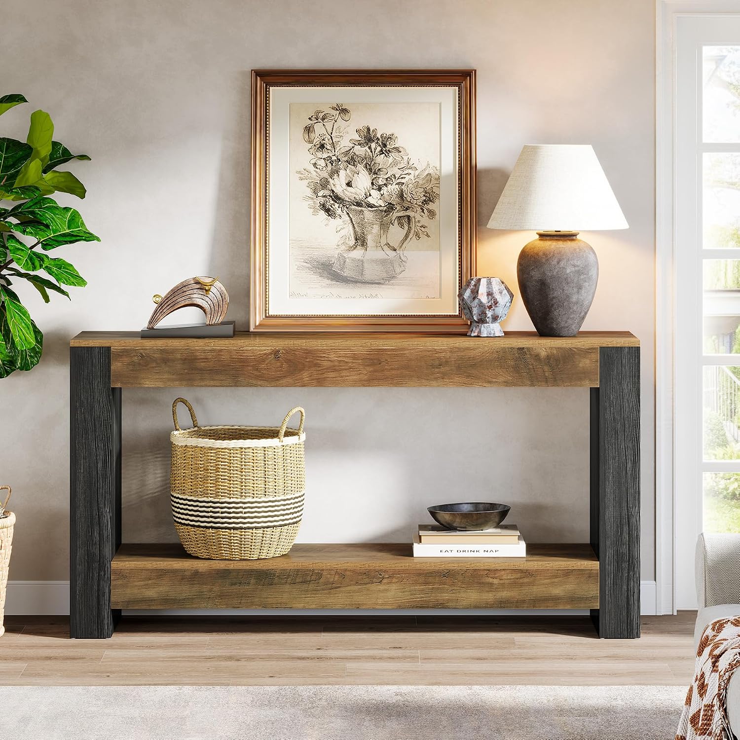 Tribesigns 63-Inch Long Console Table for Entryway, Farmhouse Wood Sofa Table Behind Couch for Living Room, Hallway, Entrance, Foyer, Rustic Brown & Black