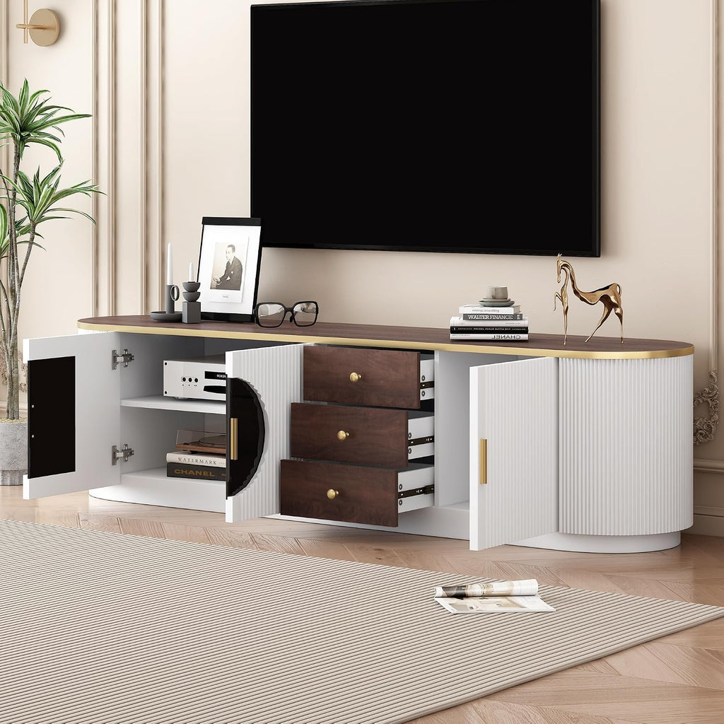 Merax 70.8'' Modern Minimalist TV Stand for TVs up to 80 Inches, Entertainment Center with 3 Drawers and 1 Shelf, Metal Handles and 2 Cabinets for Living Room,White