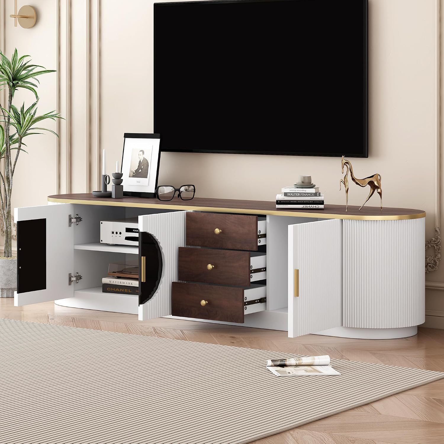 Merax 70.8'' Modern Minimalist TV Stand for TVs up to 80 Inches, Entertainment Center with 3 Drawers and 1 Shelf, Metal Handles and 2 Cabinets for Living Room,White