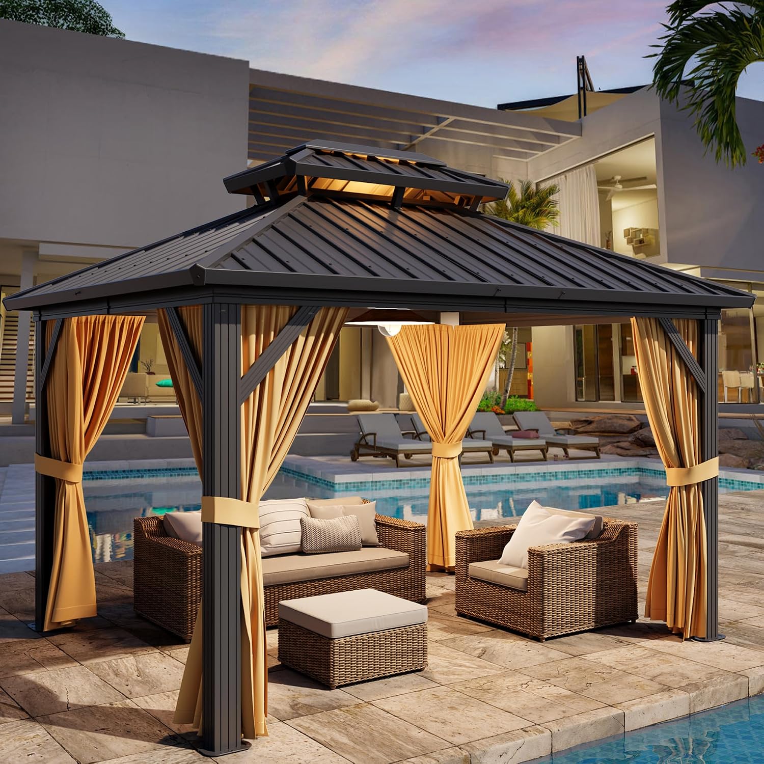 10 x 12 FT Hardtop Gazebo, Heavy Duty Aluminum Frame Gazebo with Double Roof, Permanent Building with Curtains and Netting for Backyard, Deck, Lawns, Khaki