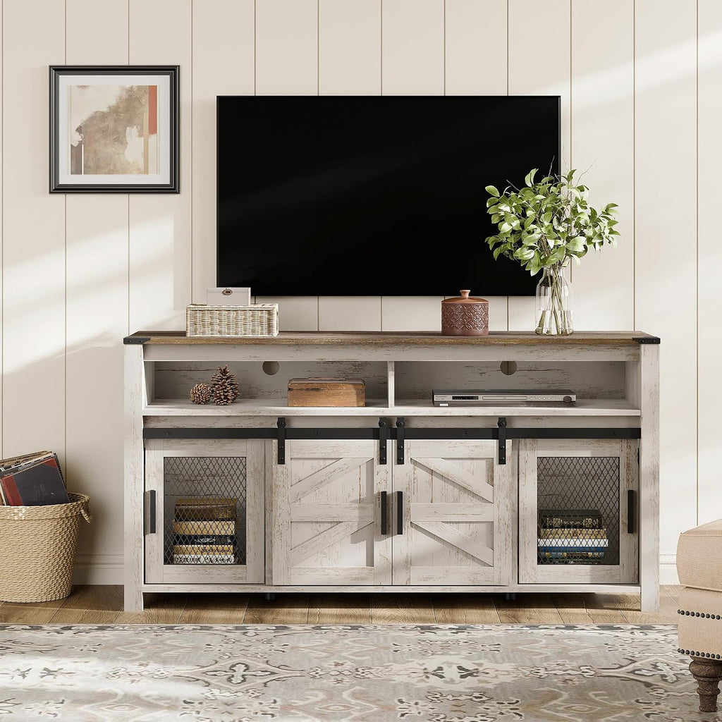 WAMPAT Farmhouse Entertainment Center for 65 Inch TVs, 59' Barn Door TV Stand with Sliding Barn Doors & Mesh Accents, Adjustable Farmhouse TV Stand with Storage for Living Room, Rustic Oak and White