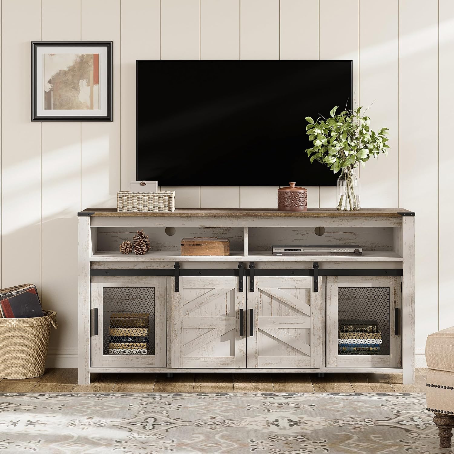 WAMPAT Farmhouse Entertainment Center for 65 Inch TVs, 59' Barn Door TV Stand with Sliding Barn Doors & Mesh Accents, Adjustable Farmhouse TV Stand with Storage for Living Room, Rustic Oak and White