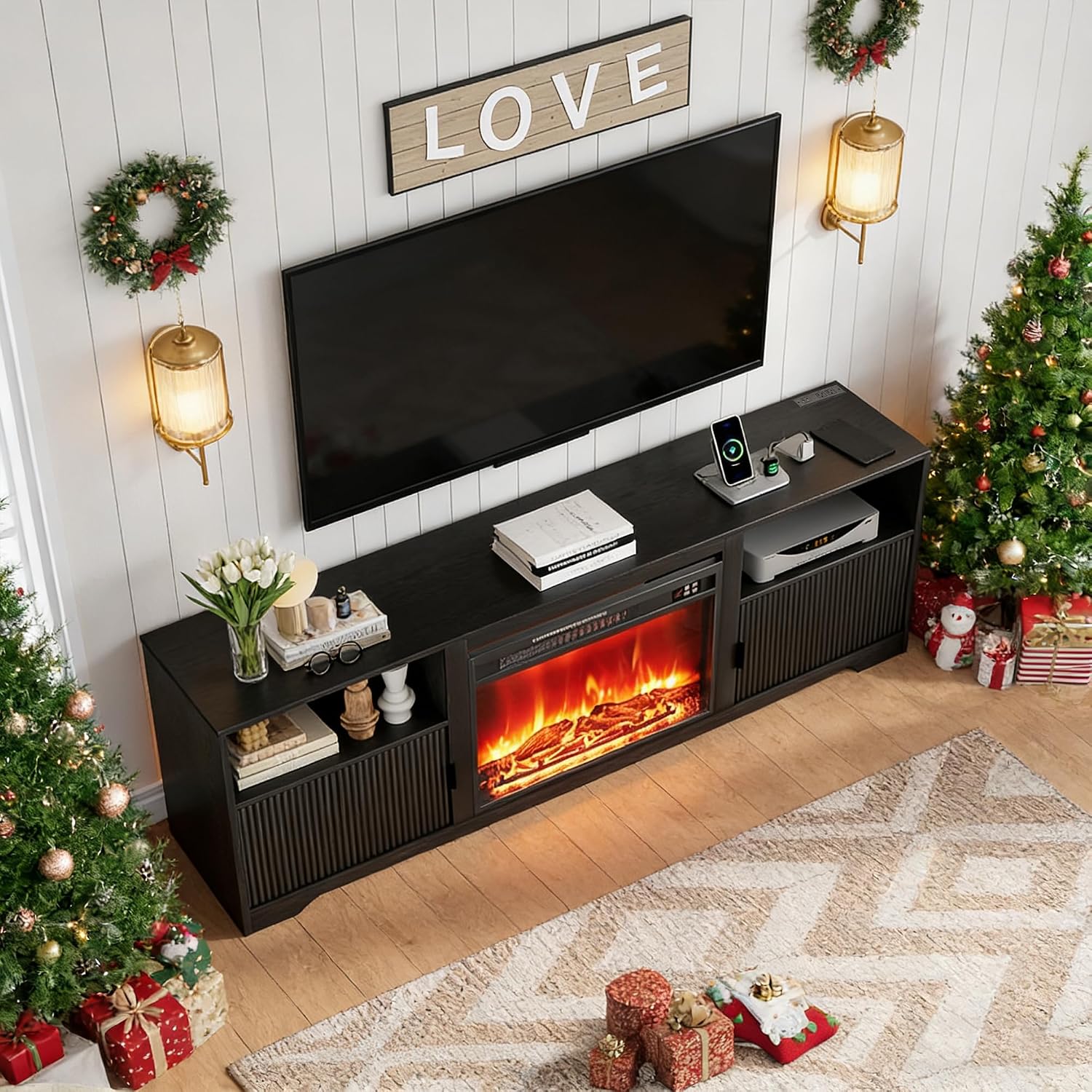 Mxtxmy Fireplace TV Stand for Television up to 80 Inch,Entertainment Center with Adjustable Shelf,Mid-Century Modern Fluted TV Stand with 23' Electric Fireplace,Media Console for Living Room,Bedroom
