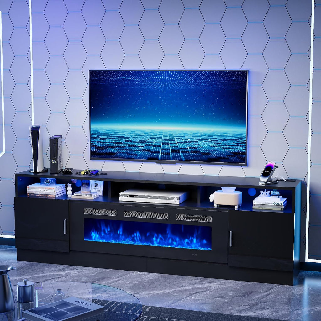 oneinmil 78' Fireplace TV Stand with Power Outlet for TVs Up to 90', Electric Fireplace Entertainment Center with LED Lights & Storage Cabinets, Media Console Table for Living Room