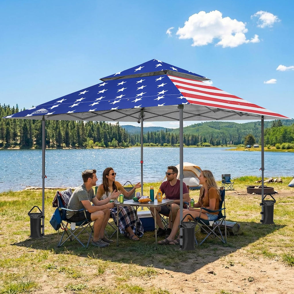 EAGLE PEAK 13x13 Straight Leg Pop Up Canopy Tent Instant Outdoor Canopy Easy Single Person Set up Folding Shelter w/Auto Extending Eaves 169 Square Feet of Shade (American Flag)