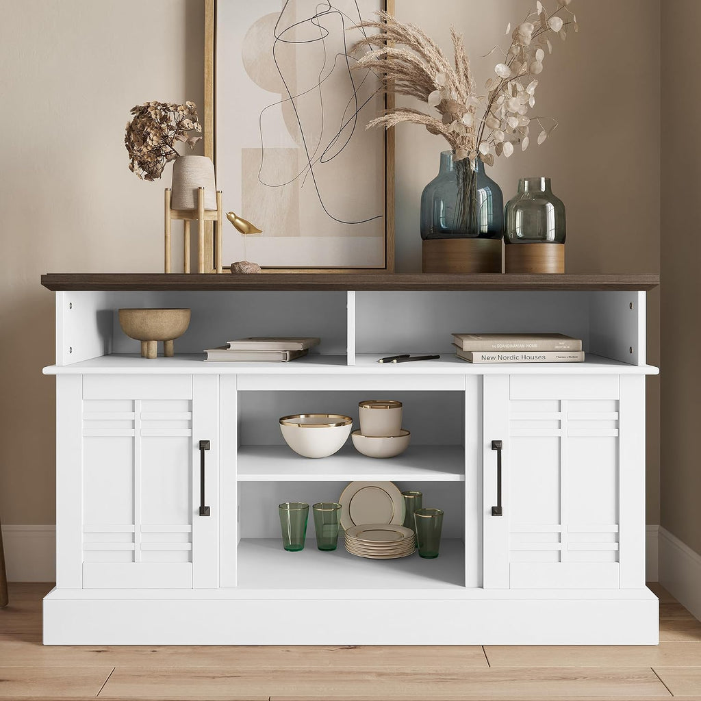 BELLEZE Modern 48' Farmhouse Wood TV Stand & Media Entertainment Center Console Table for TVs up to 50 Inch with Open Storage Shelves & Cabinets - Norrell (White)