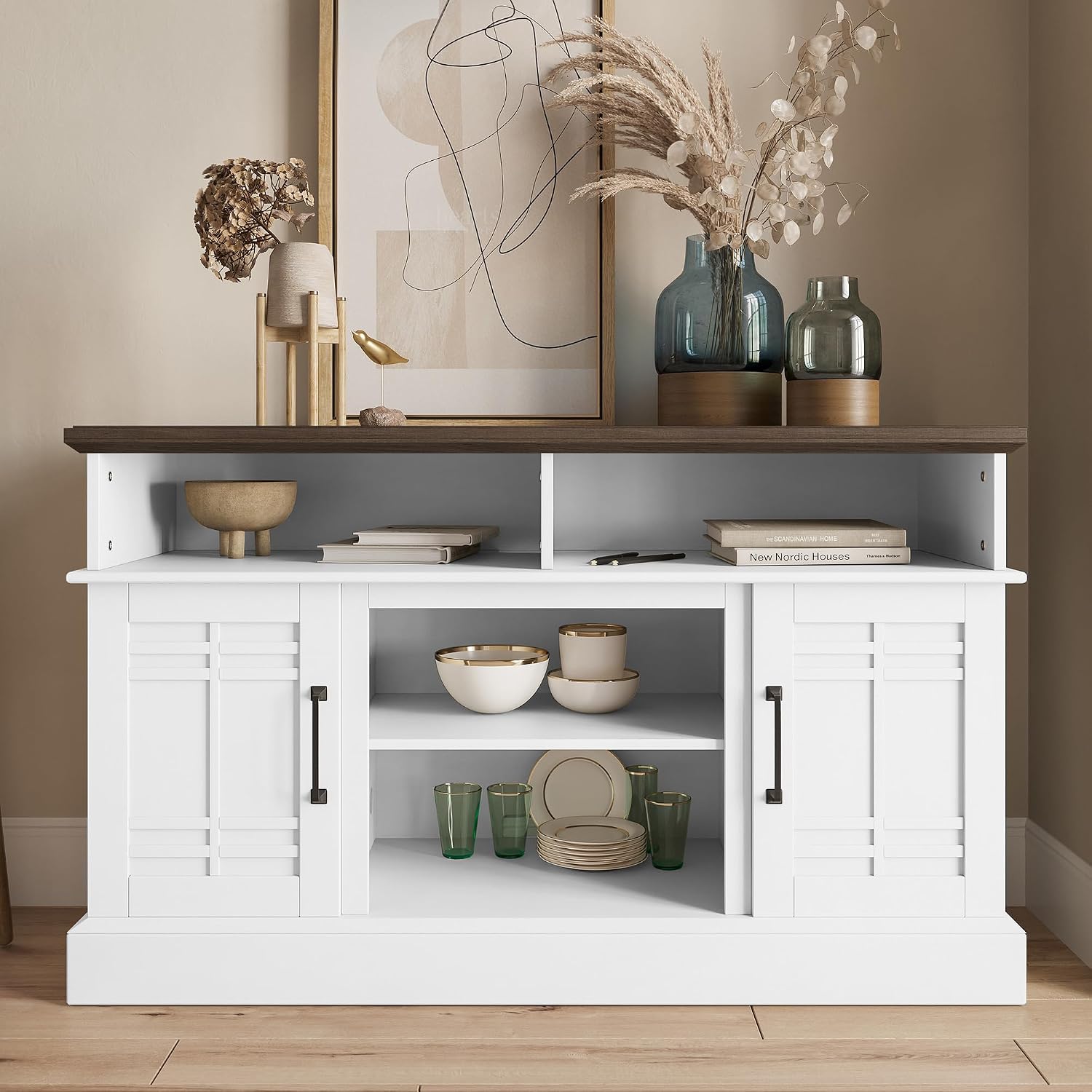BELLEZE Modern 48' Farmhouse Wood TV Stand & Media Entertainment Center Console Table for TVs up to 50 Inch with Open Storage Shelves & Cabinets - Norrell (White)