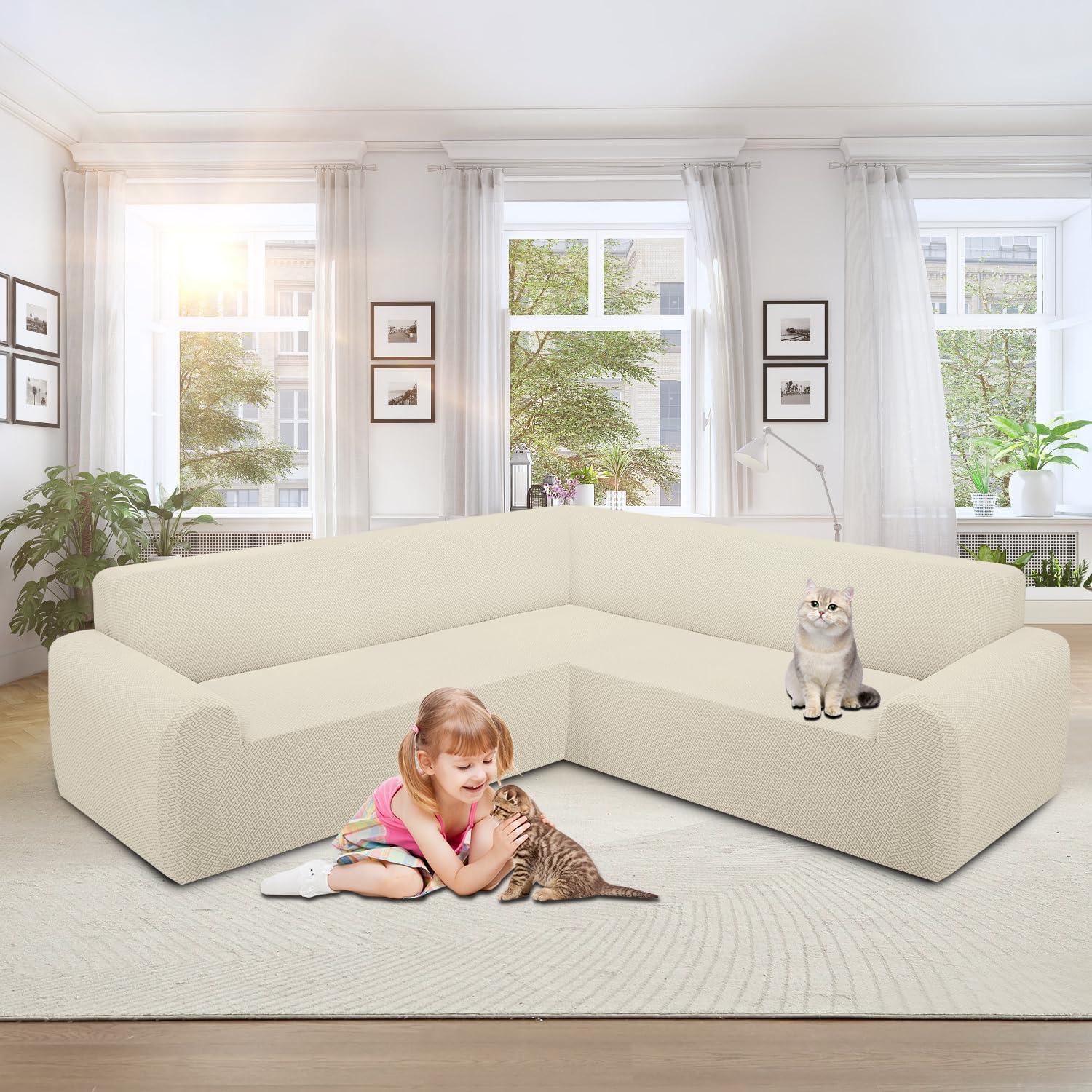 ALIECOM Stretch Corner Sectional Couch Covers L Shape Sofa Covers Washable Sectional Slipcovers U Shape Jacquard Living Room Pet Dogs Furniture Protector with Elastic Bottom (Beige, X-Large)