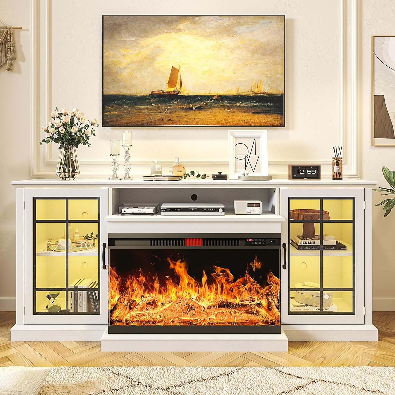 oneinmil 80'' Fireplace TV Stand with 3-Sided Glass, TV Cabinet for TVs up to 85', 80'' Modern Media Entertainment Center with Farmhouse Glass Door Storage Cabinets