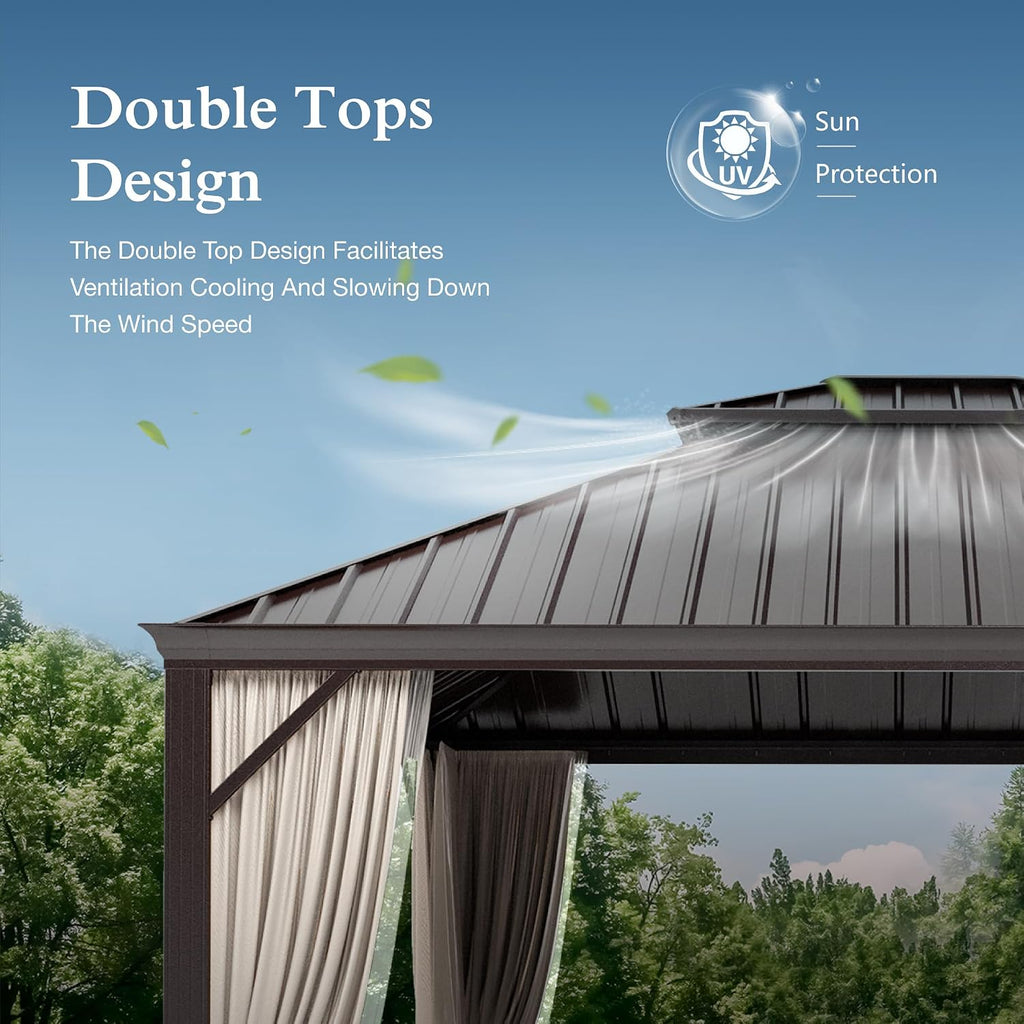12'x18' Hardtop Aluminum Gazebo, Permanent Outdoor Canopy with Galvanized Steel Double Roof Heavy Duty Pavilion with Curtains and Netting for Garden Patio Lawn Deck