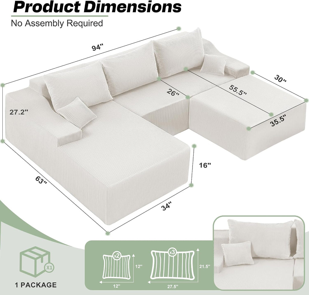 HABUTWAY 94' U Shaped Modular Sectional Couch for Living Room, Modular Cloud Sofa with Ottoman, No Assembly Boneless Couches with Deep Seat, Corduroy Fabric (Beige, Left Facing) | Cloud Sofa, With Ottoman, No Assembly, Boneless, Deep Seat, Corduroy Fabric