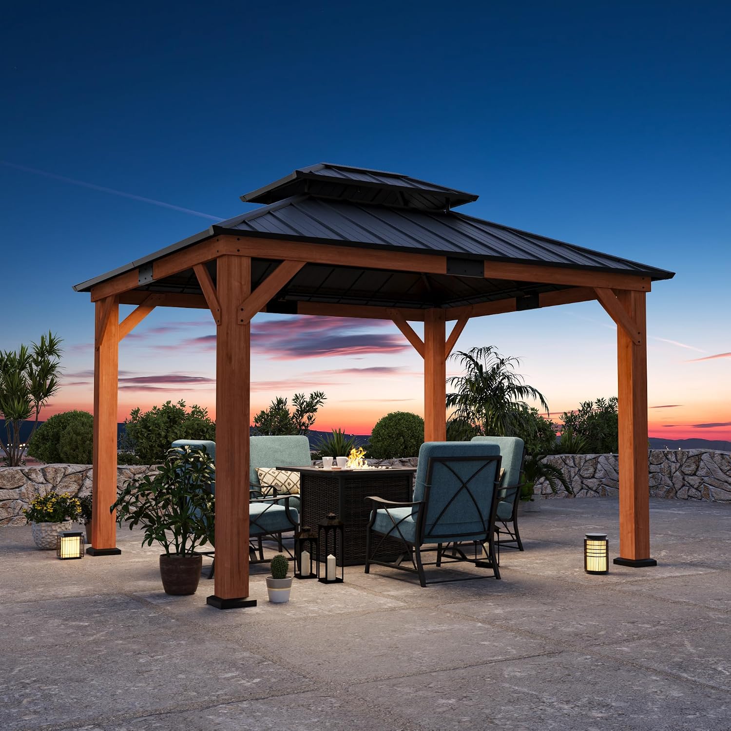 Big Leaf Wood Gazebo 10'x12', Cedar Frame Hardtop Gazebo with Double Galvanized Steel Roof & Grill Shelter, Sturdy Hook Design for Outdoor Patio, Deck, Garden and Backyard