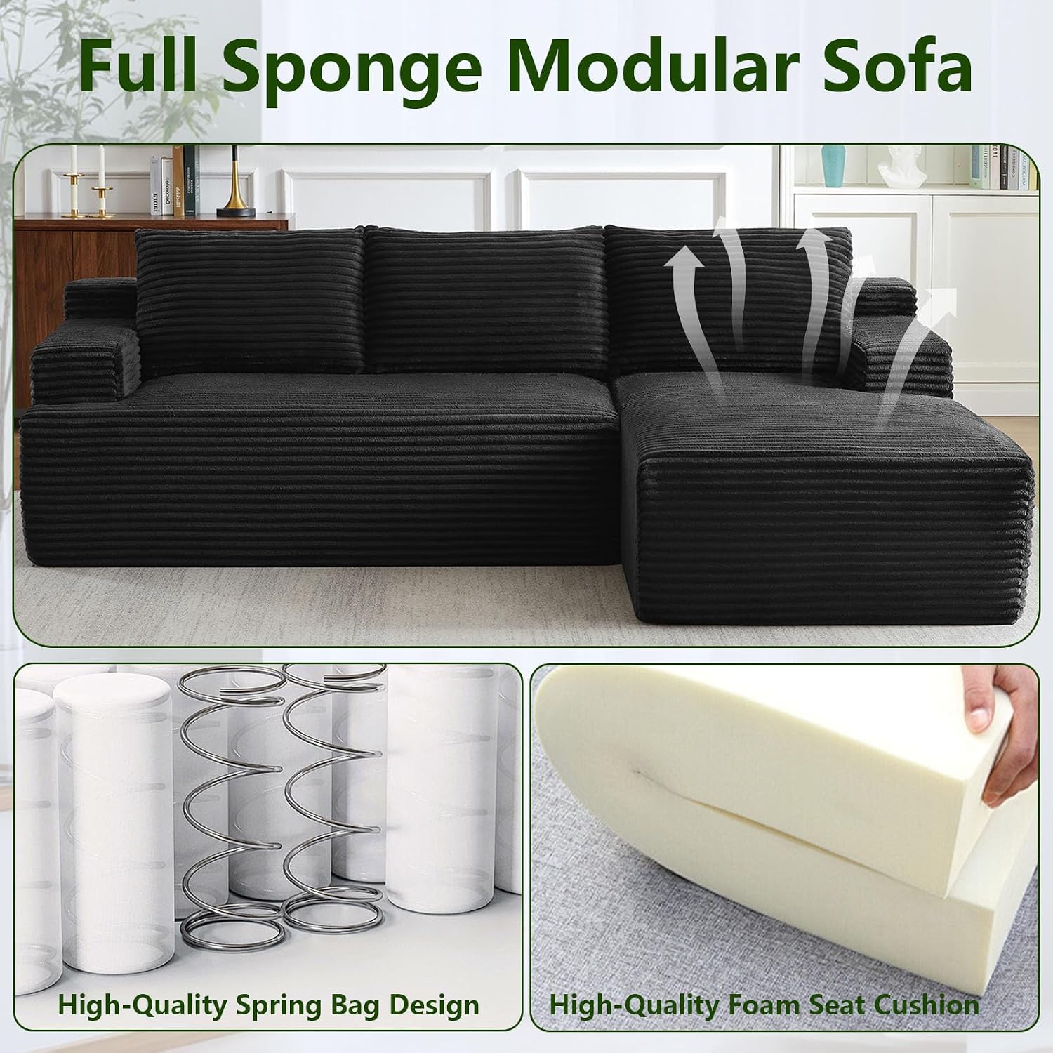 96' Modular Sectional Sofa, Modern Corduroy Cloud Couch with Side Pockets, Boneless Couch Upholstered 3-Seater L-Shaped Sofa for Living Room, No Assembly Required (Black, Right-Facing Chaise)