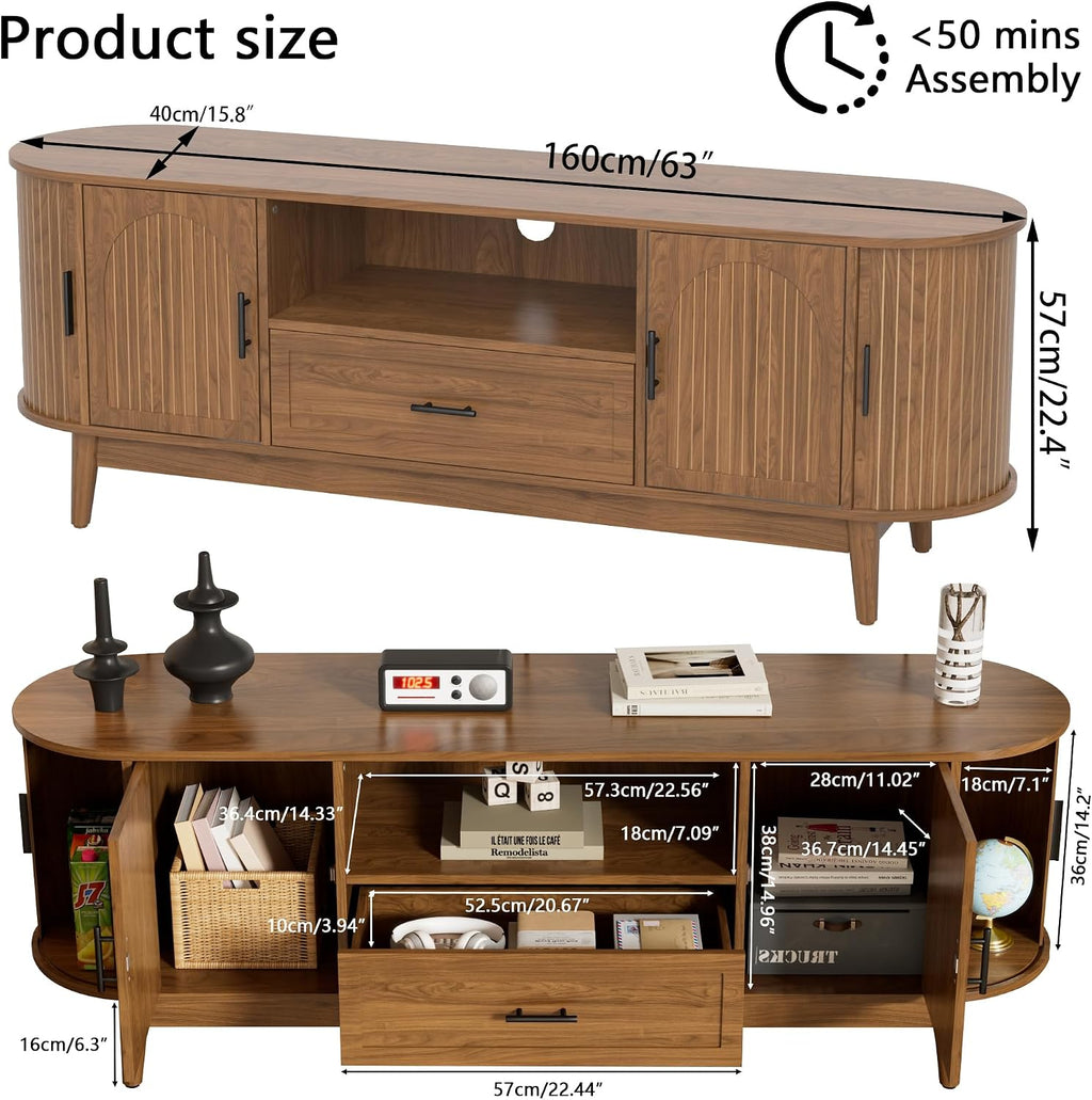 Mxtxmy 63' Fluted TV Stand for Tvs up to 70', Mid-Century Modern Entertainment Center with Drawers and Fluted Doors, Curved TV Media Console Table with Sliding Doors for Living Room, Bedroom (63')