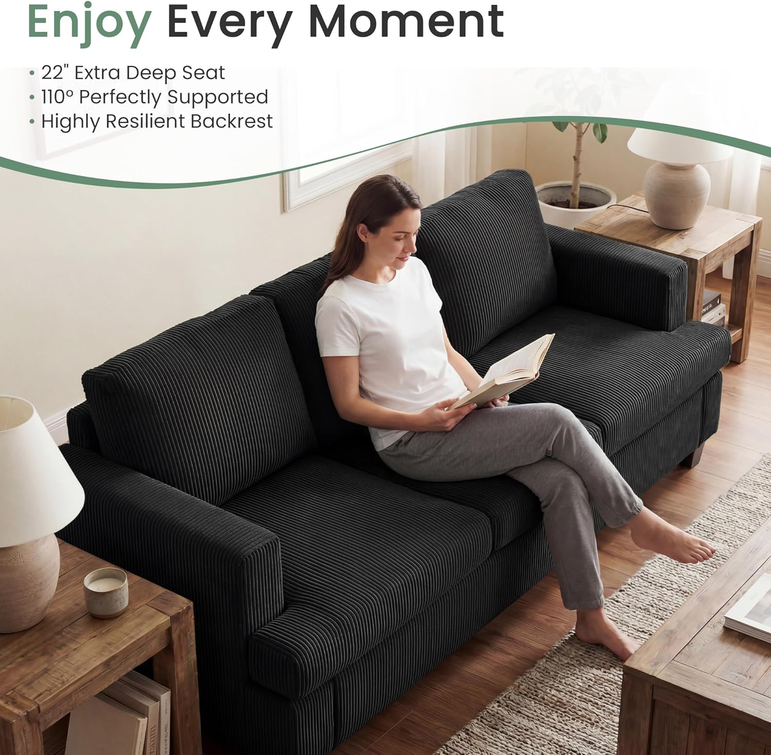 YOUDENOVA 63' Corduroy Loveseat Sofa Couch for Living Room, Small Couch with Deep Seat for Bedroom, Comfy Could Loveseat for Small Living Room, Black Corduroy