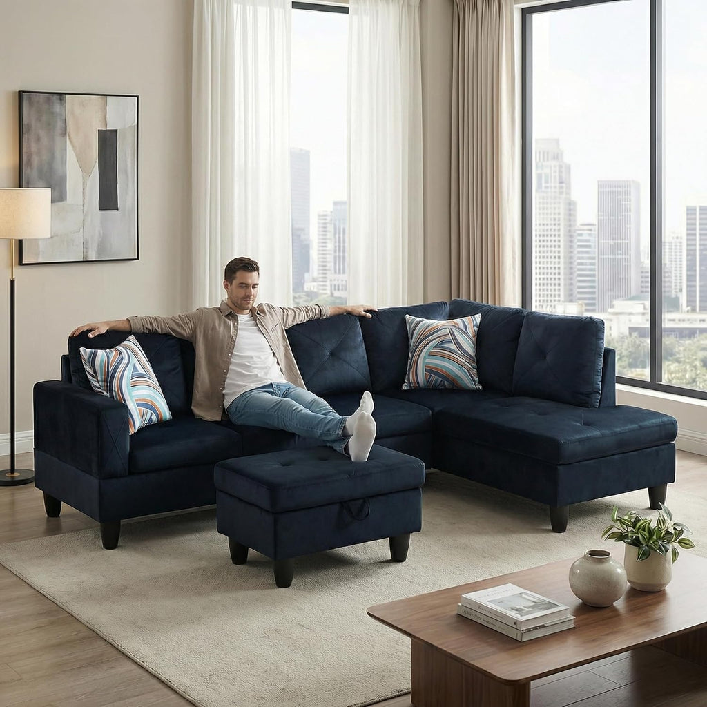 97' L Shaped Couch Set Velvet, Modular Sectional Couches for Living Room with Storage Ottoman, 4 Seat Home Sofa Living Room Furniture Sets with Chaise for Apartment Office (Blue Black)